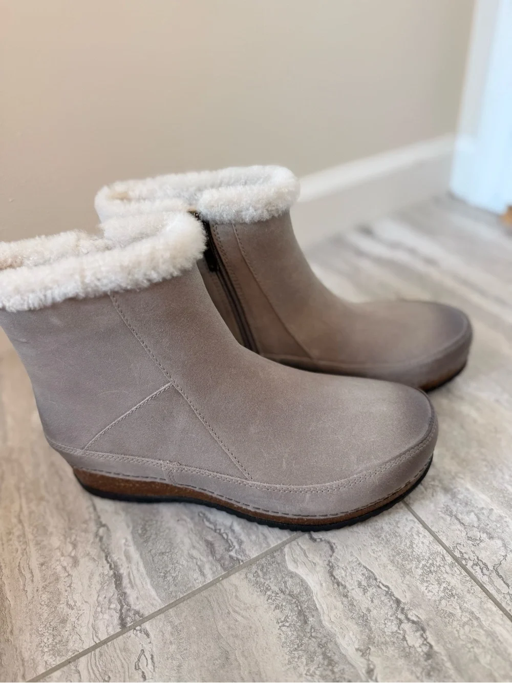 Women's Taupe Suede Shearling-Trim Ankle Boot